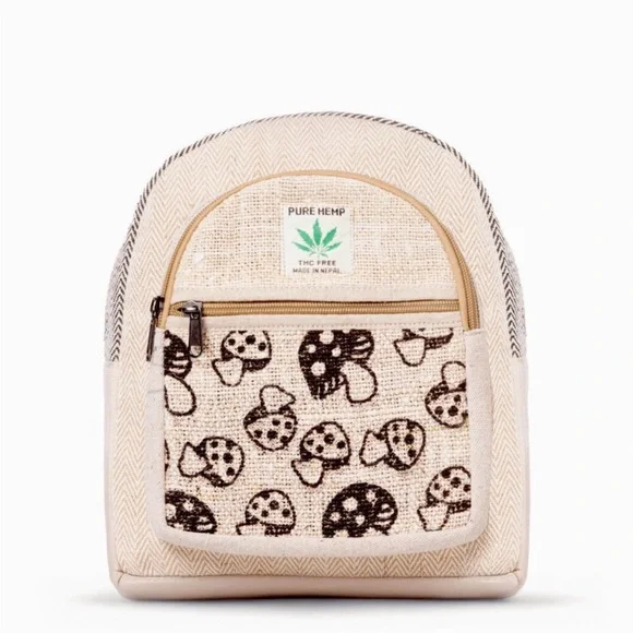 Mini Hemp Mushroom Backpack - 10" Handmade Cotton and Hemp Boho Bag from Nepal - Picture 6 of 11